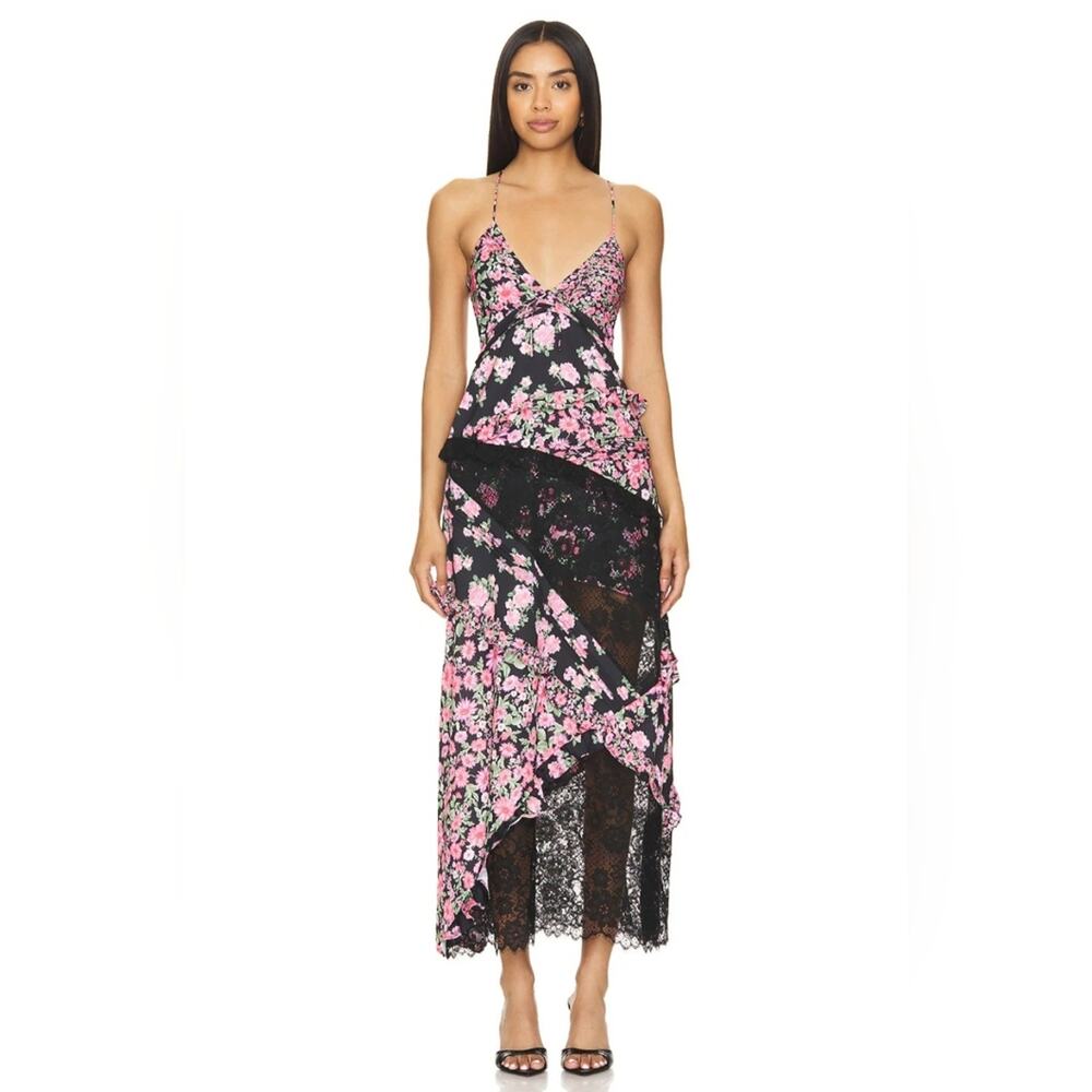 For Love & Lemons Black Pink Rosalyn Floral Layered Maxi Dress Size Small